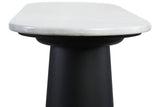 Elegant console table featuring a smooth white marble top with rounded edges, supported by a sleek black mango wood base.