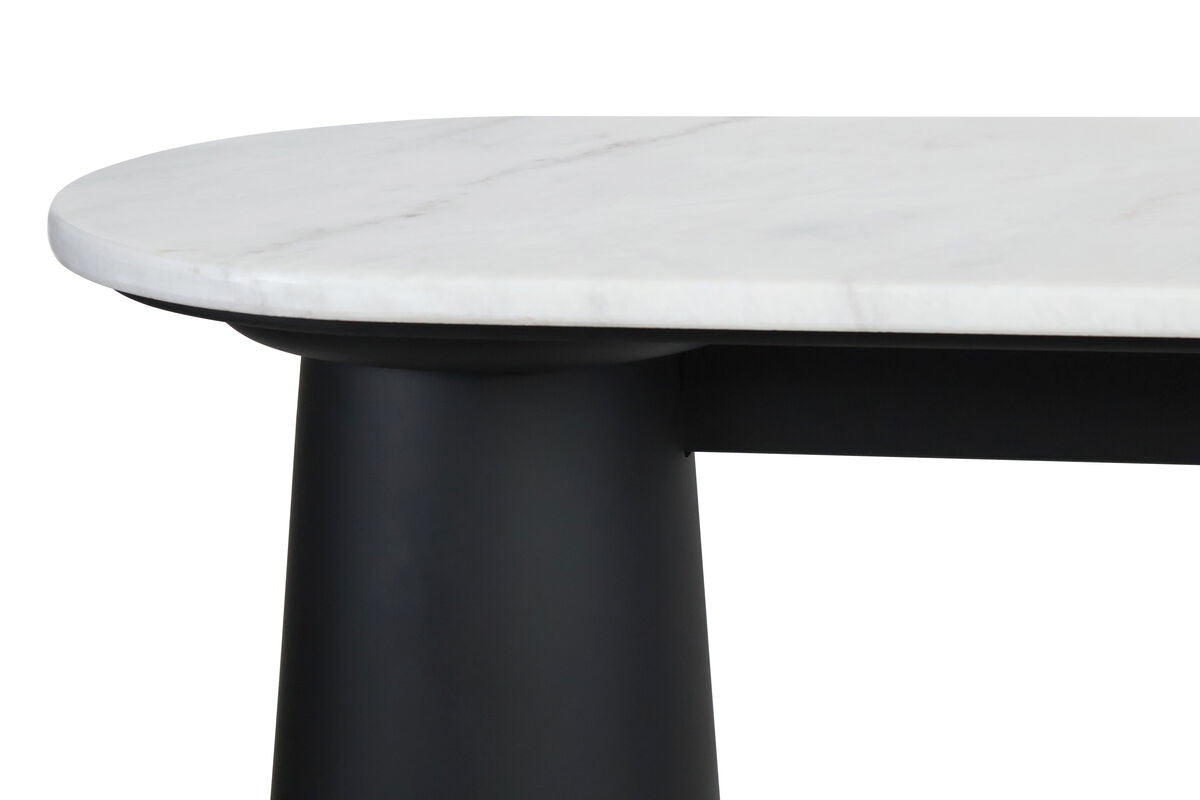 White marble top console table featuring a smooth, rounded edge and a sturdy black mango wood base.