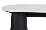 White marble top console table featuring a smooth, rounded edge and a sturdy black mango wood base.