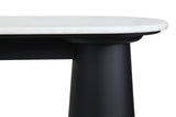 White marble top console table featuring a sleek black mango wood base.