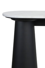 White marble top console table featuring a sleek black mango wood base. The rounded edges of the marble surface contrast with the bold, cylindrical shape of the legs.