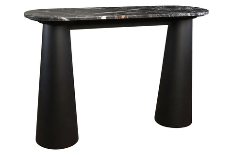 Black and white marble top console table featuring a sleek, rounded edge and a modern design.
