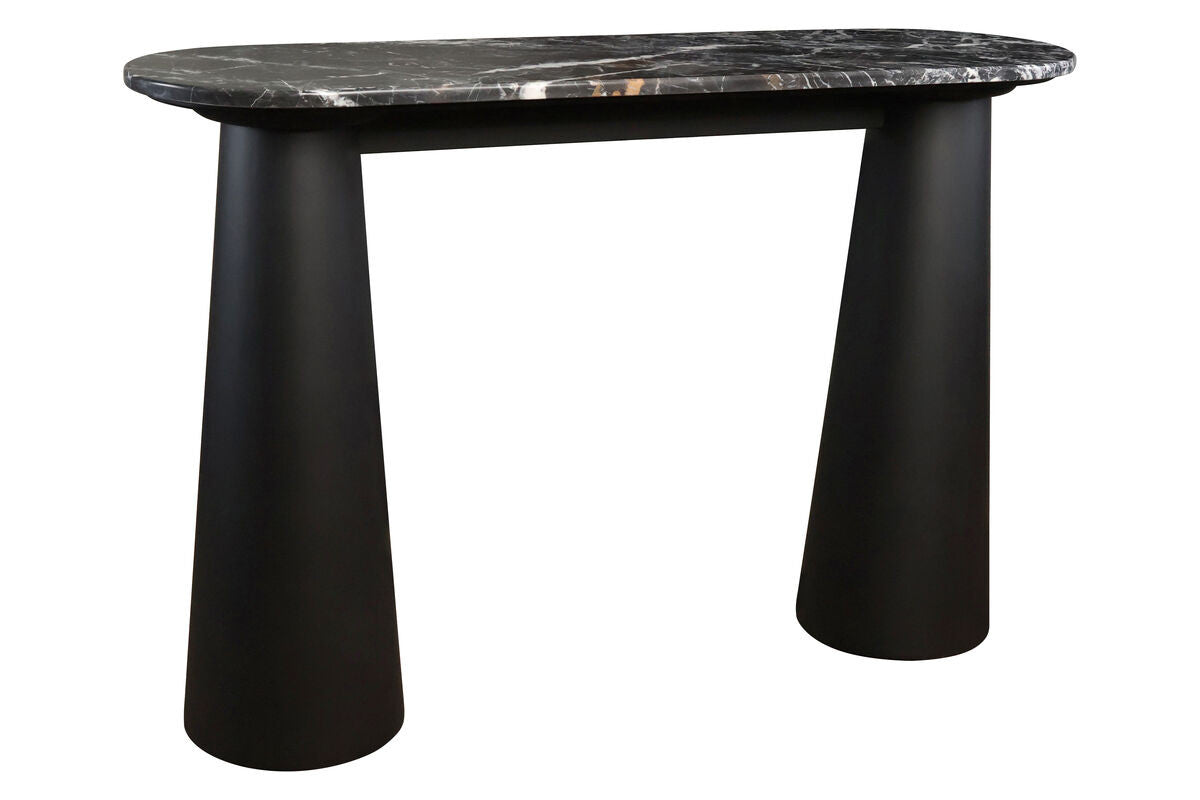 Black and white marble top console table featuring a sleek, rounded edge and a modern design.