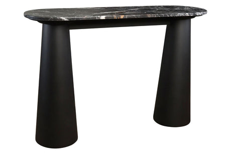 Black and white marble top console table featuring a sleek, rounded edge and a modern design.