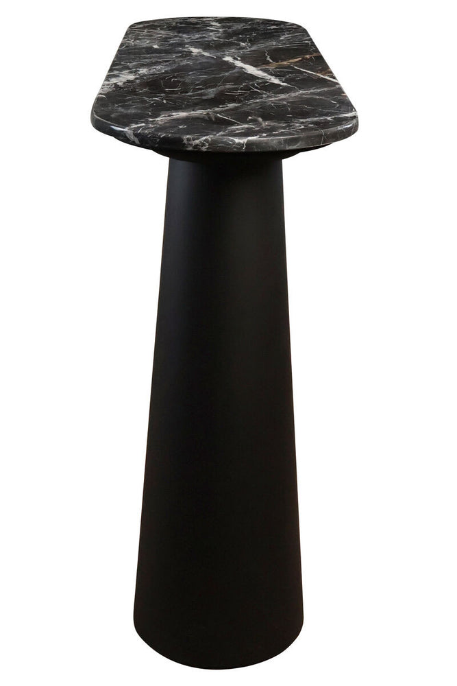 Stylish console table featuring a sleek black and white marble top with striking veining, supported by a solid black mango wood base.