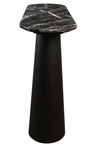 Stylish console table featuring a sleek black and white marble top with striking veining, supported by a solid black mango wood base.