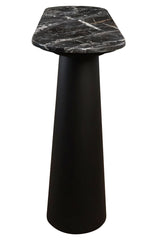 Stylish console table featuring a sleek black and white marble top with striking veining, supported by a solid black mango wood base.
