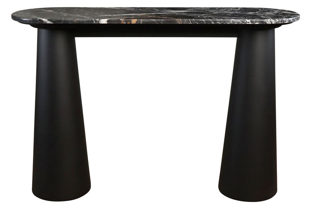 Console table featuring a sleek black and white marble top with striking veining, supported by two sturdy, conical mango wood legs in a matte black finish.