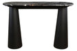 Console table featuring a sleek black and white marble top with striking veining, supported by two sturdy, conical mango wood legs in a matte black finish.