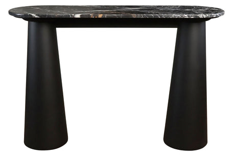 Console table featuring a sleek black and white marble top with striking veining, supported by two sturdy, conical mango wood legs in a matte black finish.