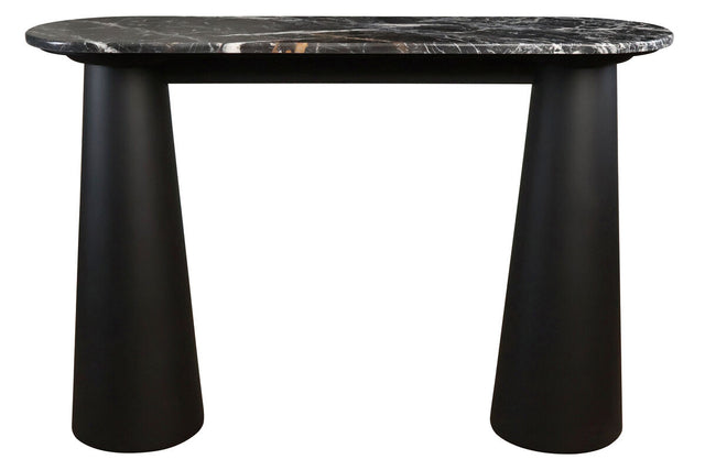 Console table featuring a sleek black and white marble top with striking veining, supported by two sturdy, conical mango wood legs in a matte black finish.
