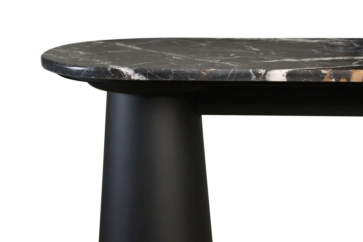 Black and white marble top console table featuring a smooth, rounded edge and a striking marble pattern.