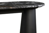 Black and white marble top console table featuring a smooth, rounded edge and a sleek, matte black mango wood base.