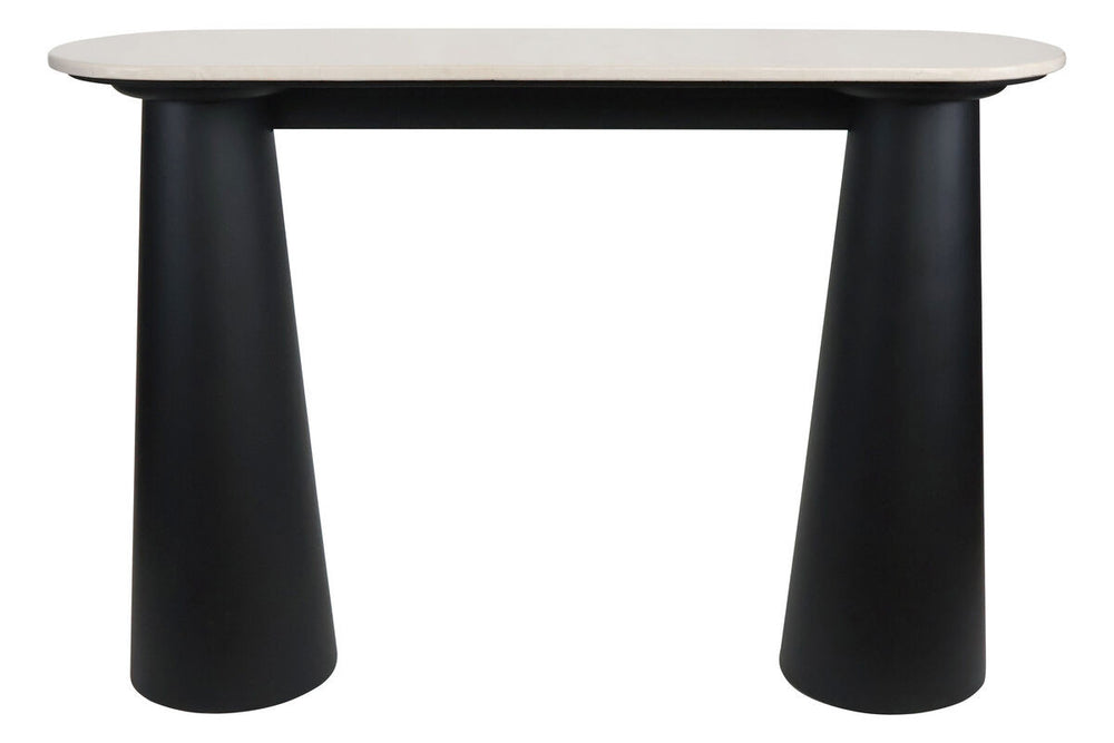 Cream marble top console table featuring a sleek, oval surface supported by two bold, conical black mango wood legs.
