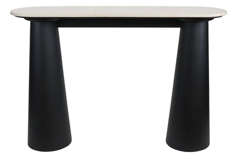 Cream marble top console table featuring a sleek, oval surface supported by two bold, conical black mango wood legs.