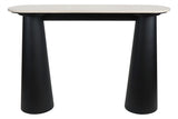 Cream marble top console table featuring a sleek, oval surface supported by two bold, conical black mango wood legs.