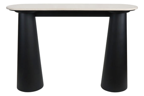 Cream marble top console table featuring a sleek, oval surface supported by two bold, conical black mango wood legs.