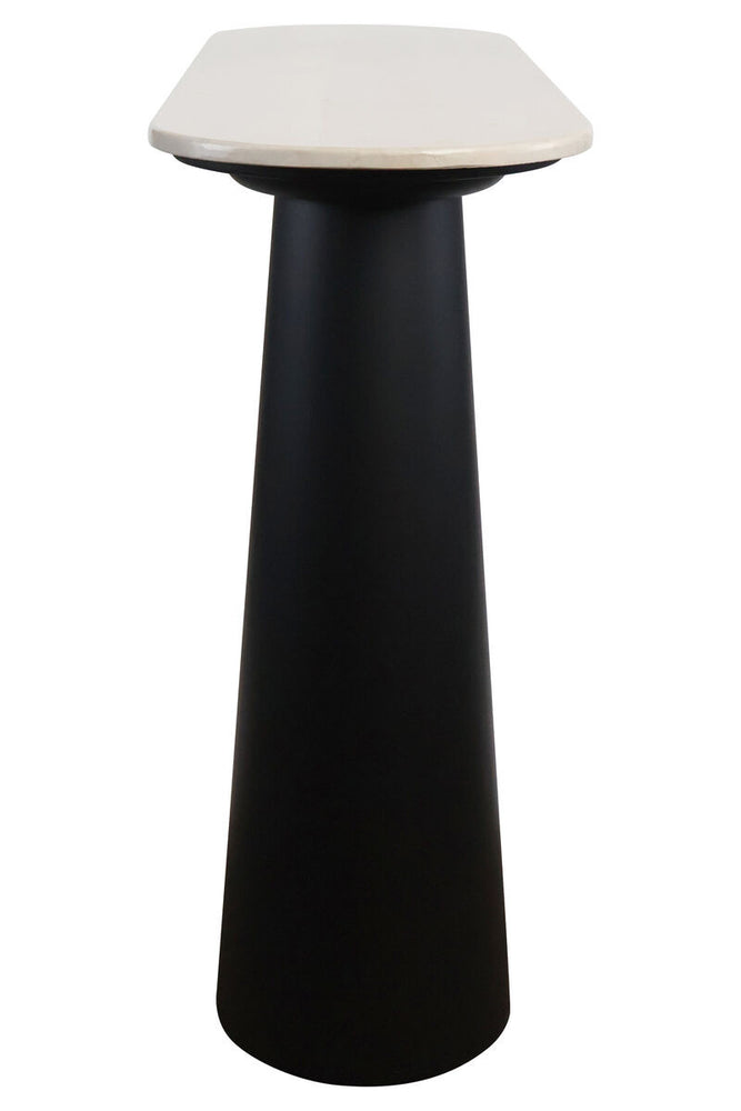 Cream marble top console table featuring a sleek, tapered black mango wood base.