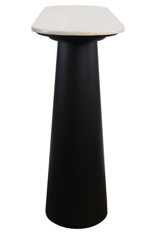 Cream marble top console table featuring a sleek, tapered black mango wood base.