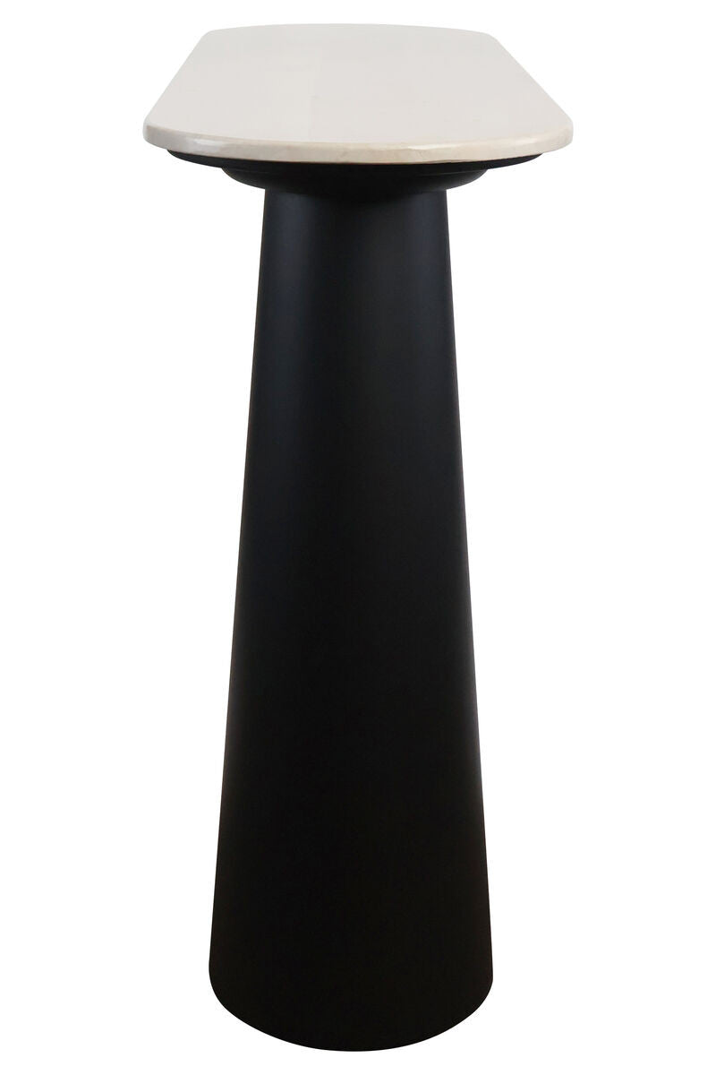 Cream marble top console table featuring a sleek, tapered black mango wood base.