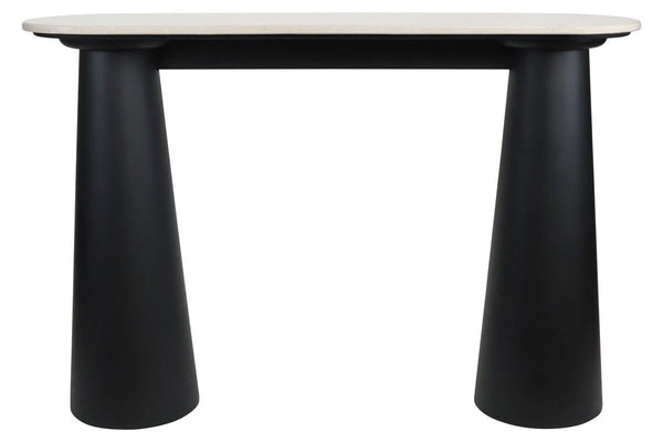 Cream marble top console table featuring a sleek, modern design with two conical black mango wood legs.