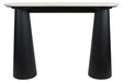 Cream marble top console table featuring a sleek, modern design with two conical black mango wood legs.