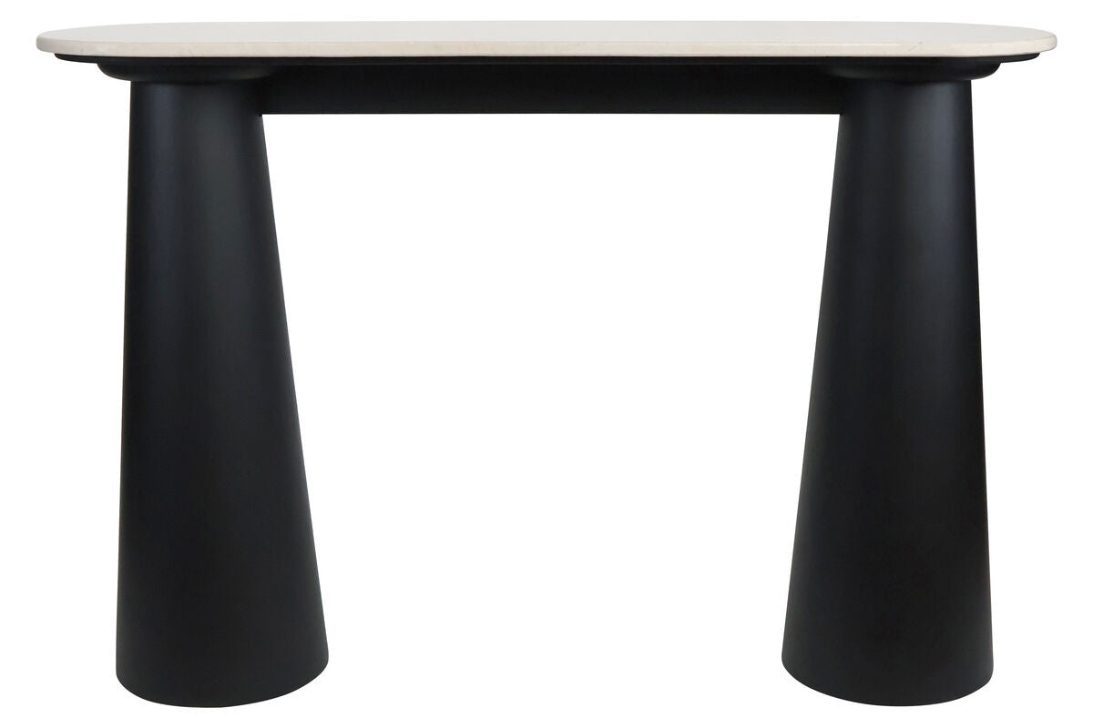 Cream marble top console table featuring a sleek, modern design with two conical black mango wood legs.