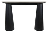 Cream marble top console table featuring a sleek, modern design with two conical black mango wood legs.