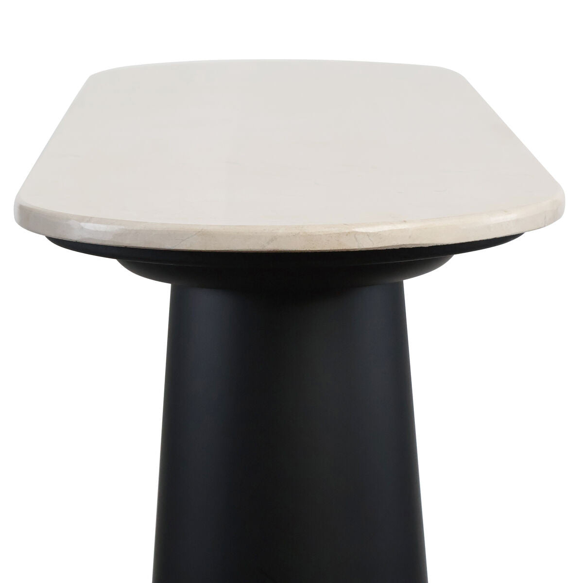 Cream marble top console table featuring a smooth, rounded edge and a sturdy black mango wood base.