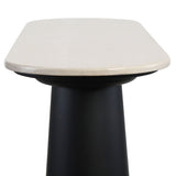 Cream marble top console table featuring a smooth, rounded edge and a sturdy black mango wood base.