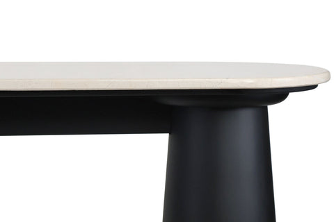 Cream marble top console table featuring a smooth, rounded edge and a sleek black mango wood base.
