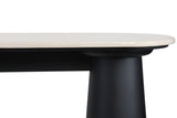 Cream marble top console table featuring a smooth, rounded edge and a sleek black mango wood base.