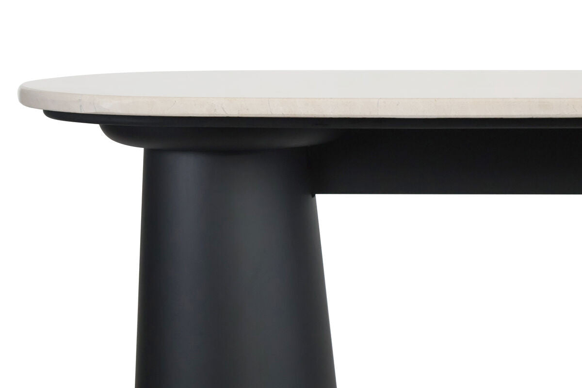 Cream marble top console table featuring a sleek, rounded edge and a sturdy black mango wood base.