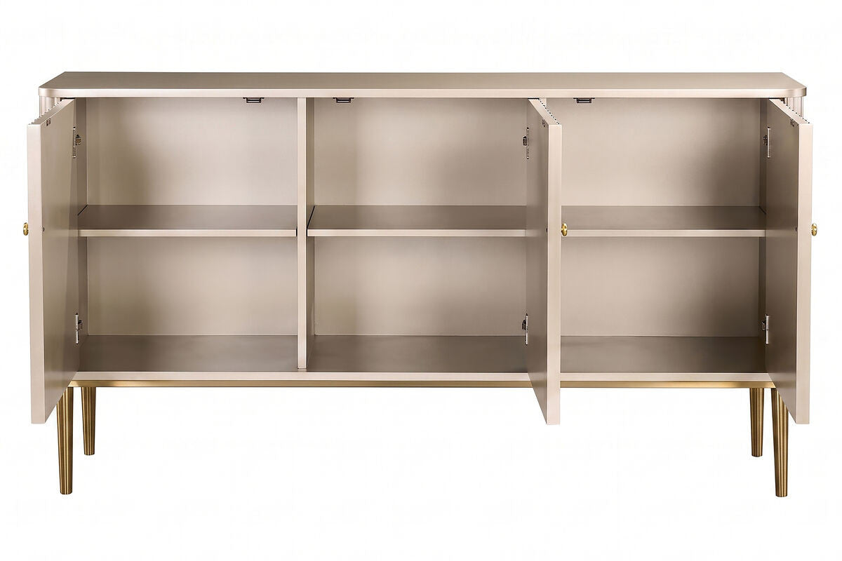 Three-door sideboard featuring a sleek gold finish with flute detailing on the doors.