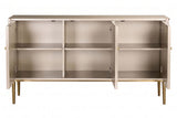 Three-door sideboard featuring a sleek gold finish with flute detailing on the doors.