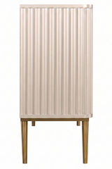 Three-door sideboard featuring a sleek, ribbed design in a soft gold finish. The cabinet is supported by elegant, tapered legs, also in gold, adding a touch of sophistication.