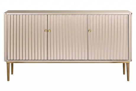 Three-door sideboard featuring a sleek design with vertical flute detailing, finished in a soft gold hue.