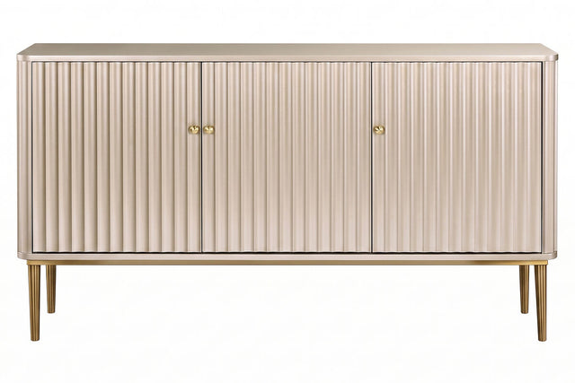 Three-door sideboard featuring a sleek design with vertical flute detailing, finished in a soft gold hue.