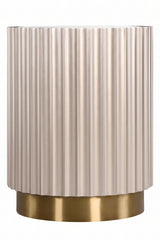 Elegant side table featuring a glass top and a textured, fluted design in a soft beige hue. The base is finished in a polished gold tone, adding a touch of luxury.