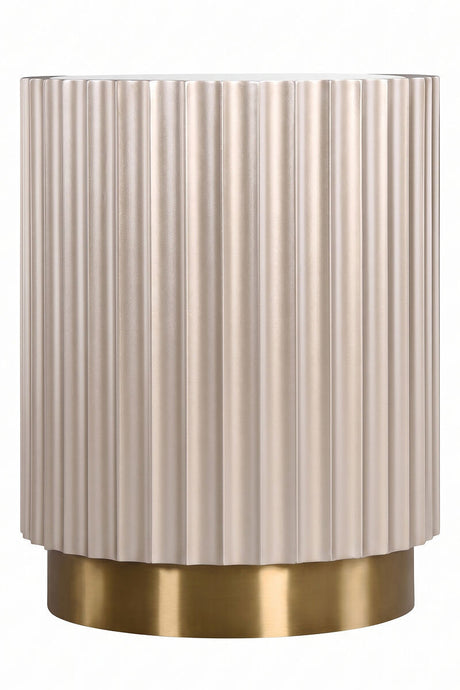 Elegant side table featuring a glass top and a textured, fluted design in a soft beige hue. The base is finished in a polished gold tone, adding a touch of luxury.
