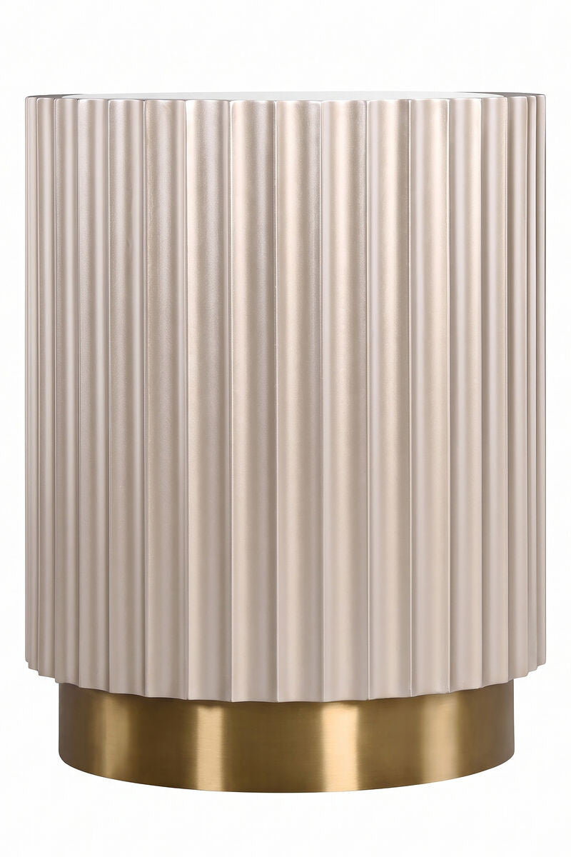 Elegant side table featuring a glass top and a textured, fluted design in a soft beige hue. The base is finished in a polished gold tone, adding a touch of luxury.