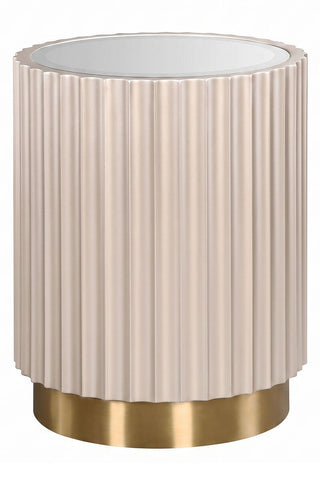 Round side table featuring a glass top and a fluted design in a soft beige color, complemented by a sleek gold base.