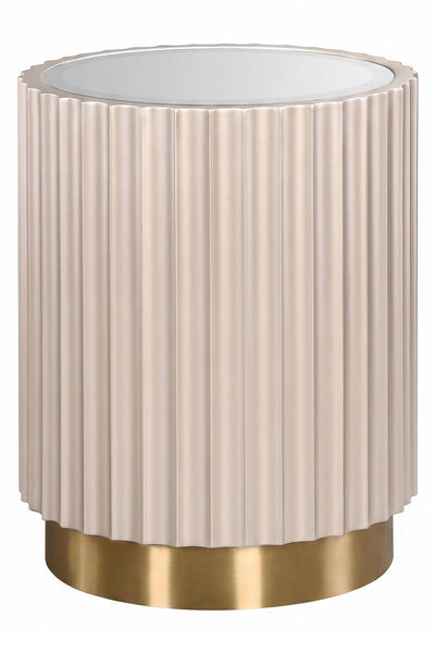 Round side table featuring a glass top and a fluted design in a soft beige color, complemented by a sleek gold base.