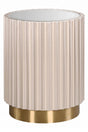Round side table featuring a glass top and a fluted design in a soft beige color, complemented by a sleek gold base.