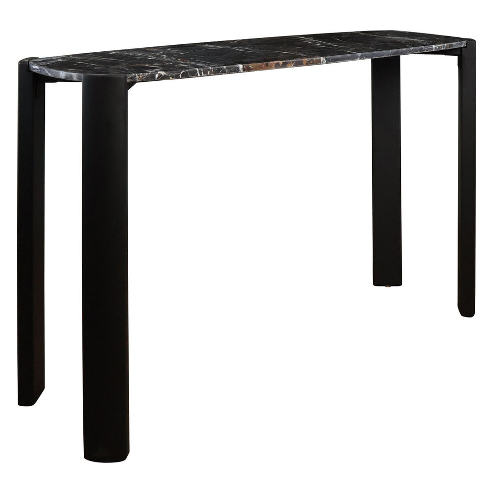 Sleek console table featuring a black marble top with subtle veining, supported by sturdy acacia wood legs in a matte black finish.