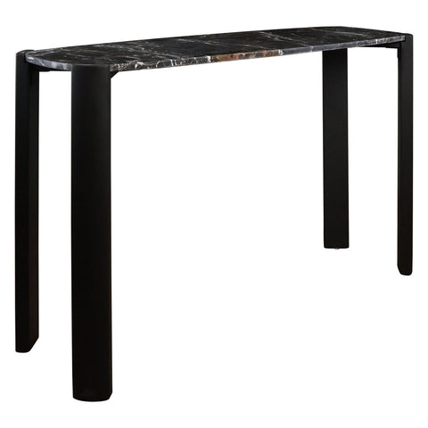 Sleek console table featuring a black marble top with subtle veining, supported by sturdy acacia wood legs in a matte black finish.