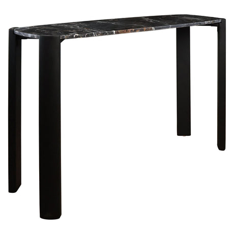 Sleek console table featuring a black marble top with subtle veining, supported by sturdy acacia wood legs in a matte black finish.