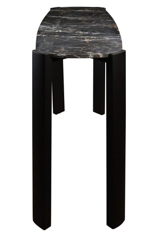 Sleek console table featuring a black marble top with subtle veining and a modern, rounded edge, supported by four sturdy acacia wood legs in a matte black finish.