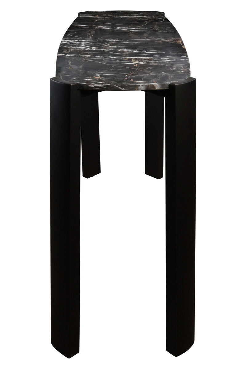 Sleek console table featuring a black marble top with subtle veining and a modern, rounded edge, supported by four sturdy acacia wood legs in a matte black finish.