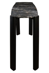 Sleek console table featuring a black marble top with subtle veining and a modern, rounded edge, supported by four sturdy acacia wood legs in a matte black finish.